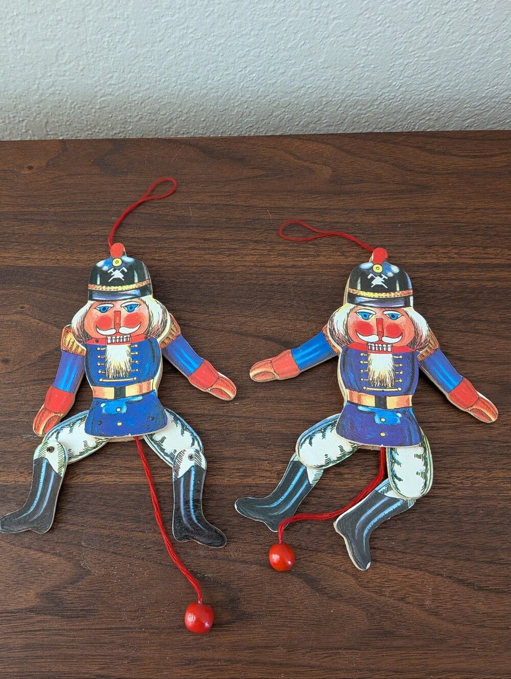 2 Vintage Christmas Nutcracker Pull String Jumping Jack Wooden Puppet Ornaments